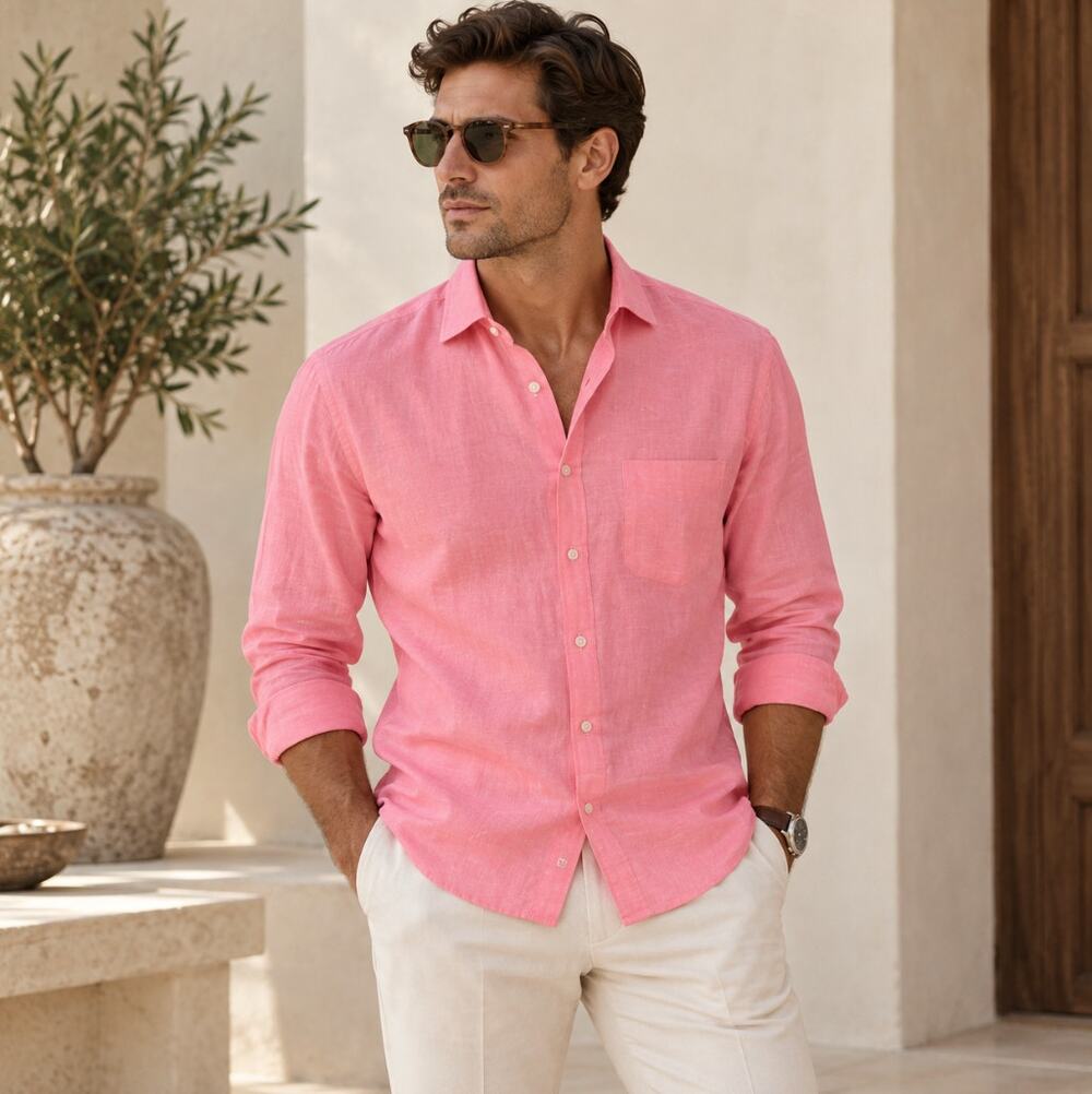 ETON Contemporary Slim Fit Cotton Linen Button Down Shirt Pink Sz XL $280 {3N17}